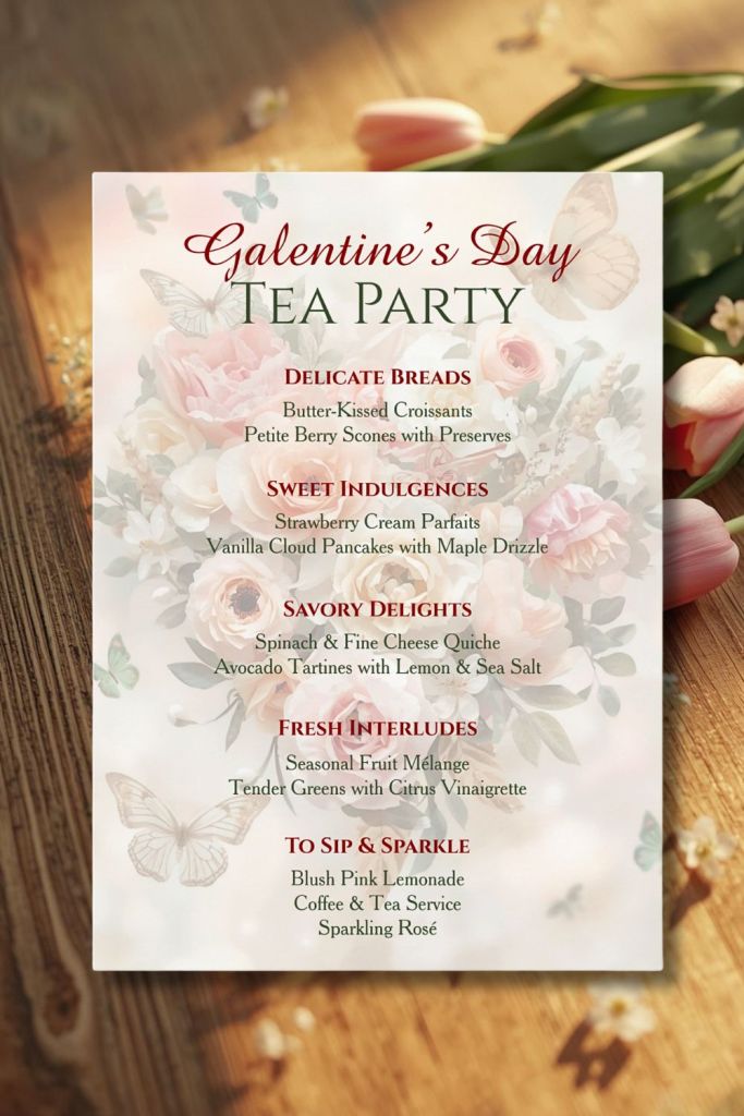 Galentine’s Party Menu with blush rose florals, butterfly accents, ivory background, and elegant tea party menu layout