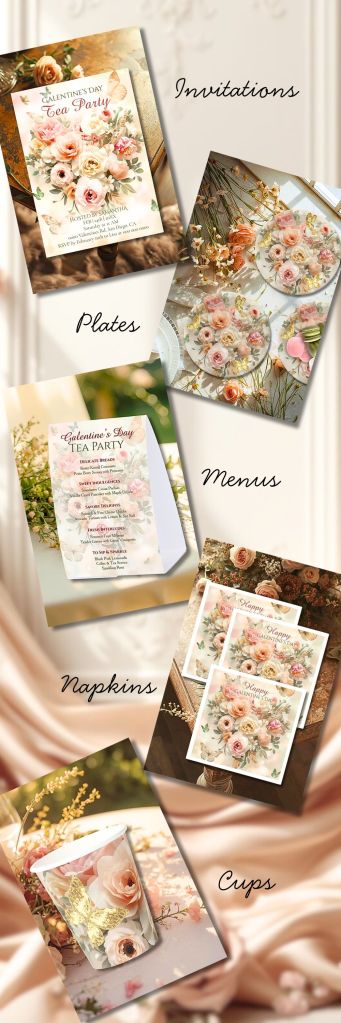 Collage showing Galentine’s tea party invitations, menus, plates, napkins, and cups with blush roses and soft floral designs