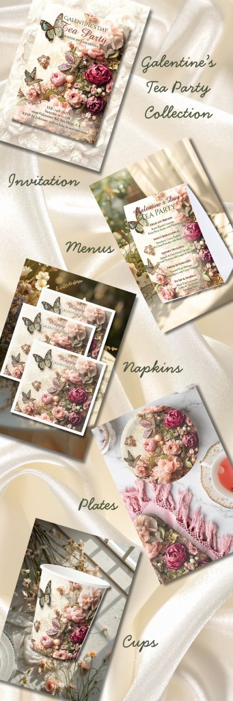 Galentine’s tea party collection showing invitation, menus, napkins, plates, and paper cups