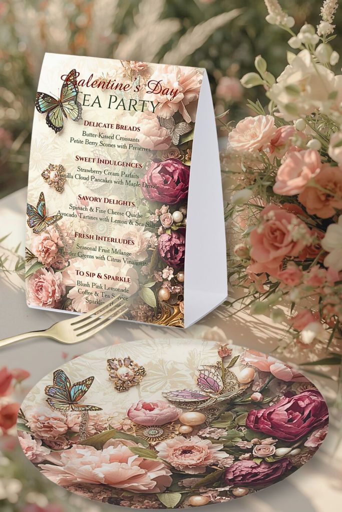 Galentine’s tea party items including invitation, menu, menu card, paper plate, and paper cup