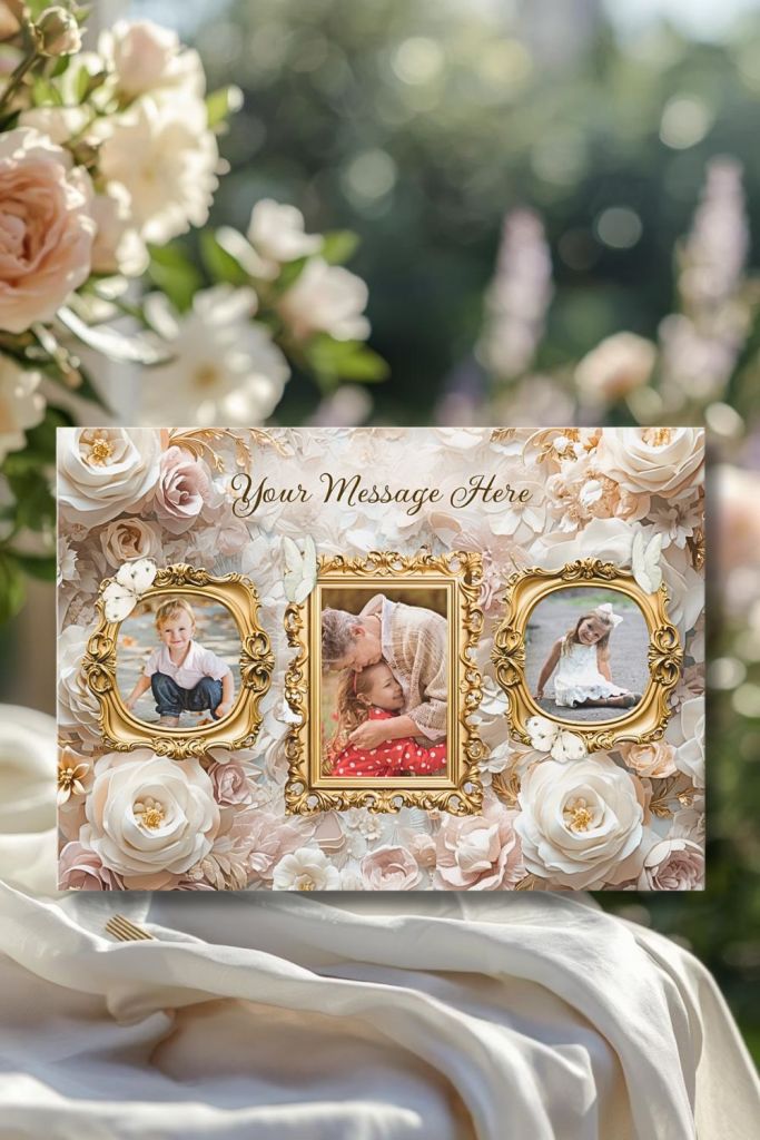 Greeting card with three gold baroque frames surrounded by ivory and blush floral arrangement