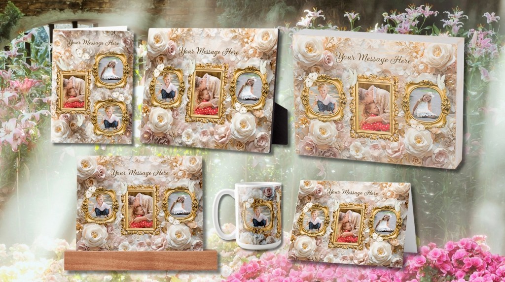 Coordinated greeting cards, mugs, prints, and photo displays with gold baroque frames and ivory florals