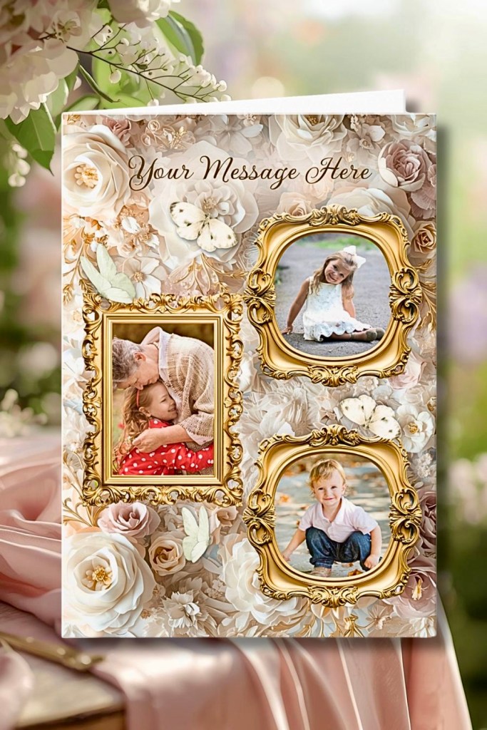 Greeting card with gold baroque floral frame and ivory rose background