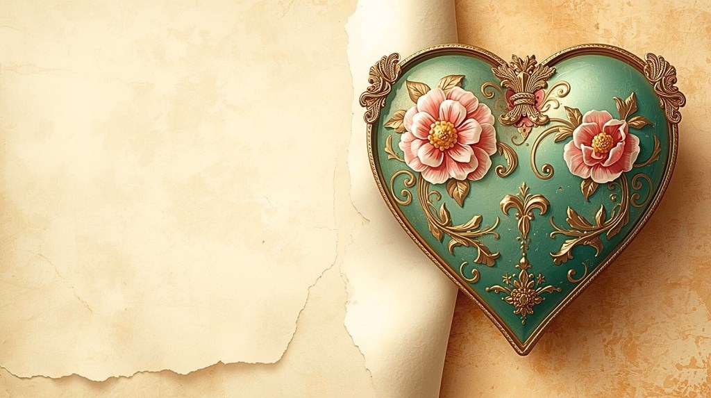 Milagros heart greeting card illustration inspired by Mexican devotional folk art, with rococo floral details in emerald and pink tones