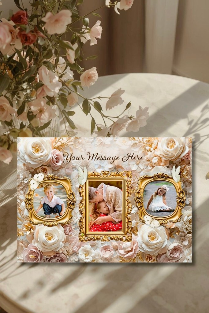 Acrylic photo print with gold ornamental frame and ivory florals