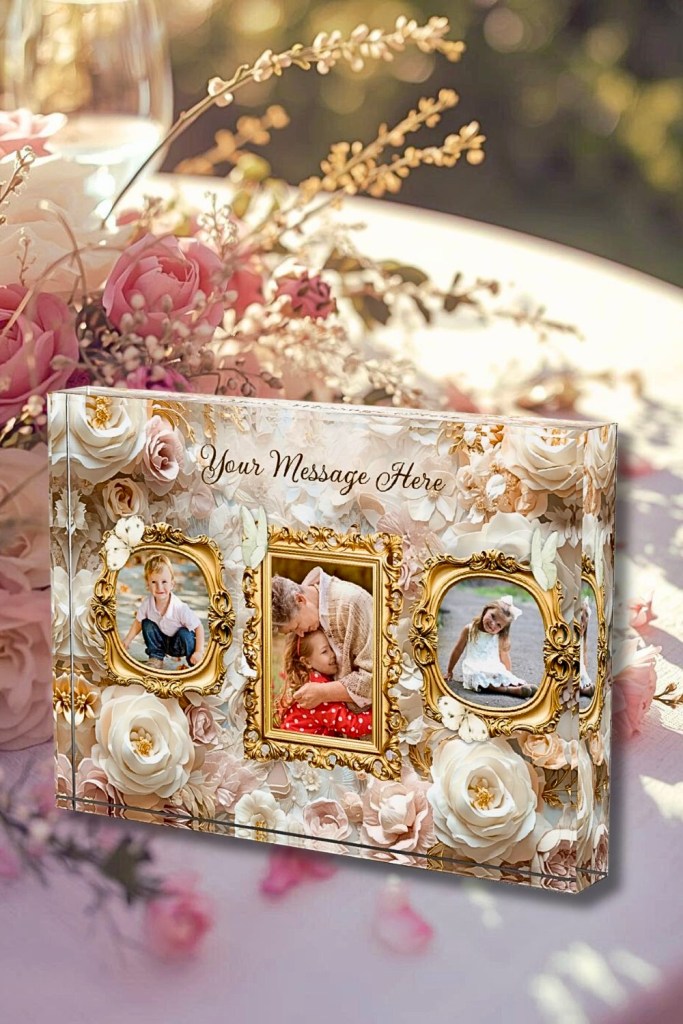 Photo block featuring gold baroque frame with ivory floral background