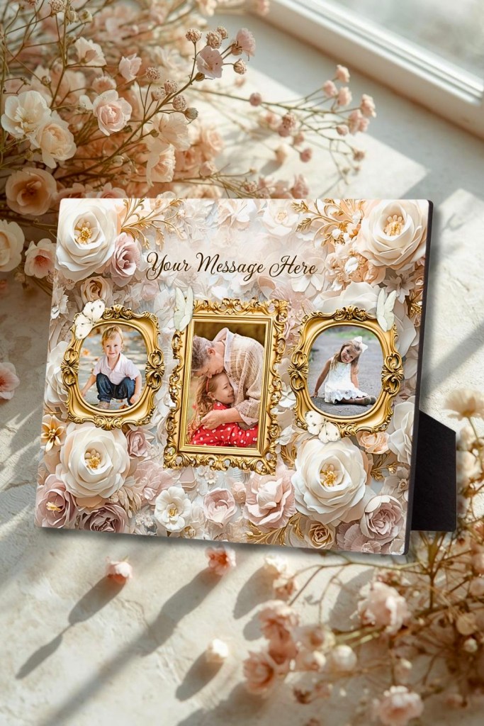 Photo display with easel featuring gold frame and ivory floral motif