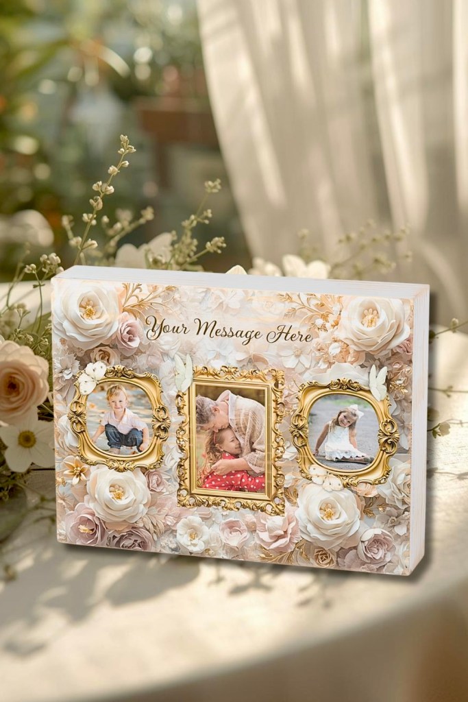 Wooden photo box decorated with gold frame and ivory floral design