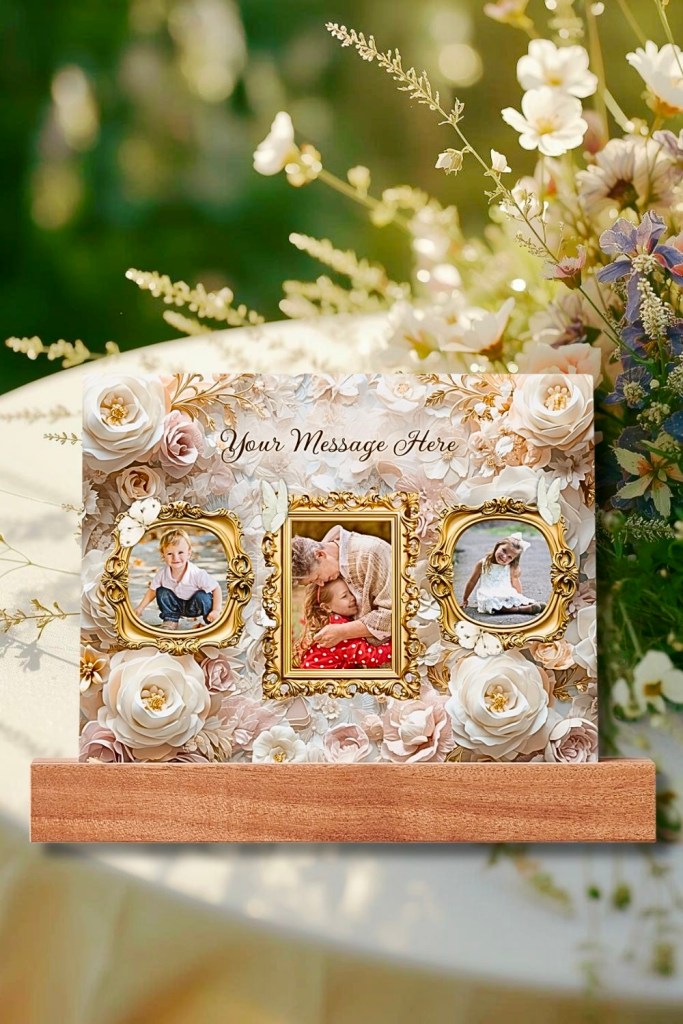 Picture ledge display with gold framed photos and ivory florals