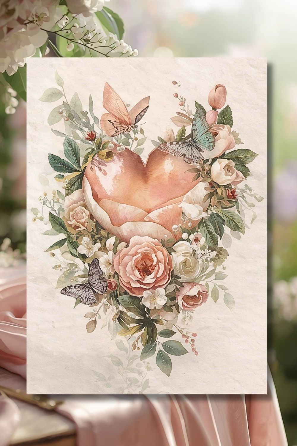 Romantic watercolor floral heart surrounded by roses, greenery, and butterflies on a soft ivory background.
