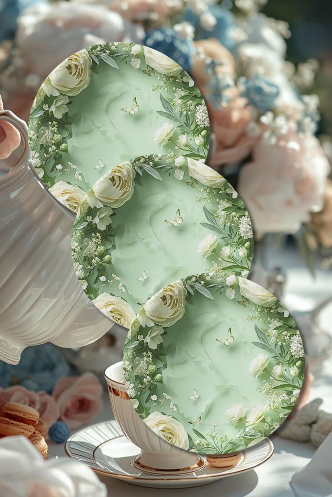 7-inch round paper plate with sage green floral heart and botanical accents