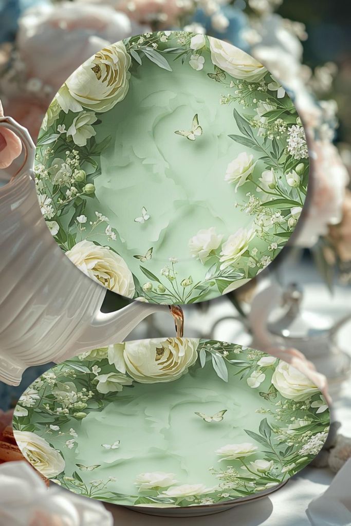 9-inch round paper plate with sage green floral heart and white garden roses