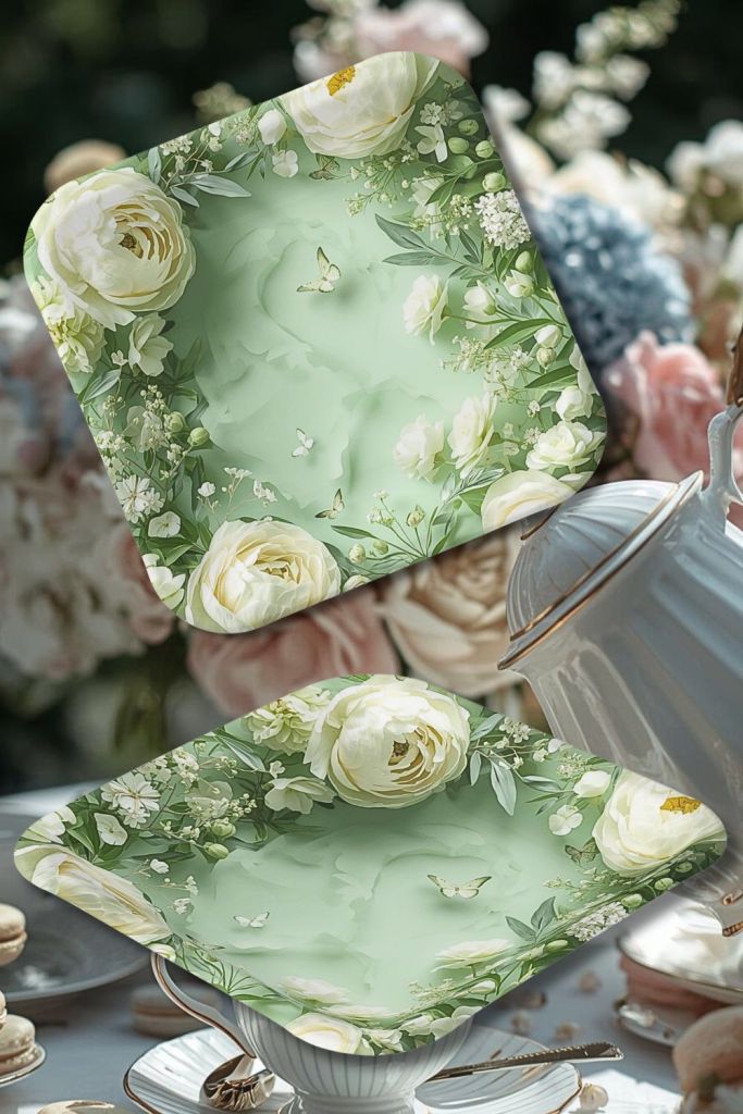 9-inch square paper plate with sage green floral heart and garden roses