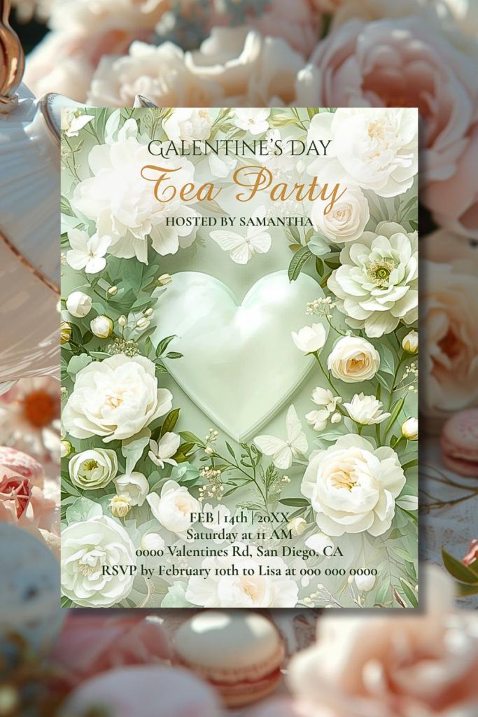 Sage green Galentine’s invitation with floral heart, white roses, and soft garden botanicals