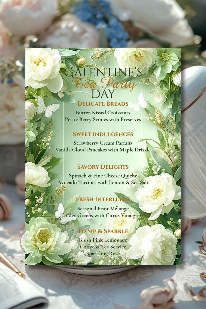 Sage green Galentine’s menu card with floral heart and ivory garden roses