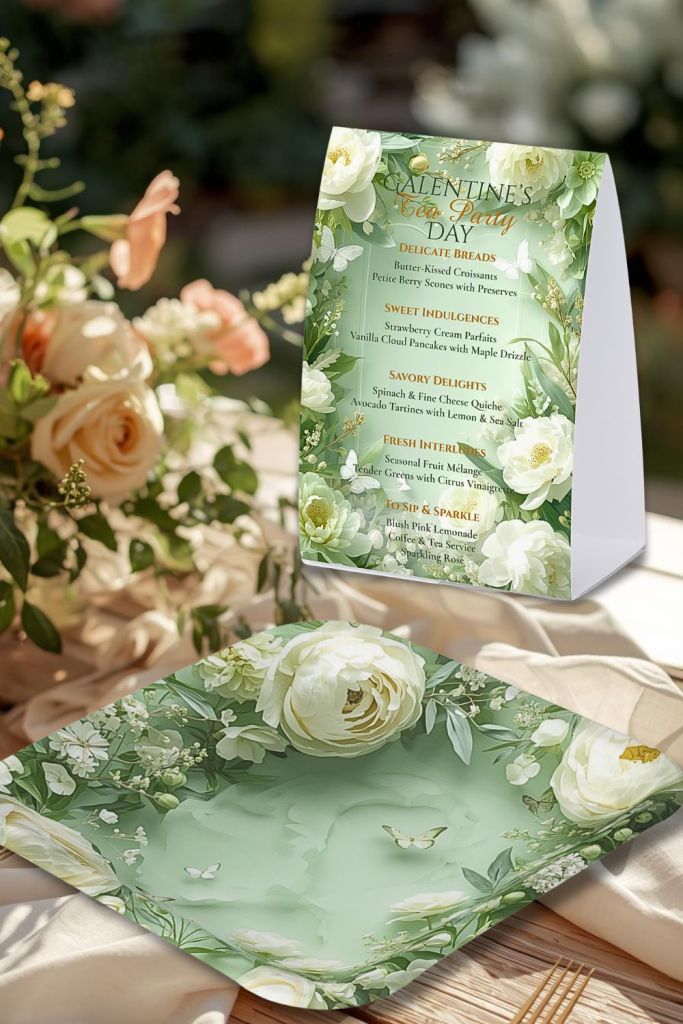Sage green Rococo floral heart paper plate and tea party menu card