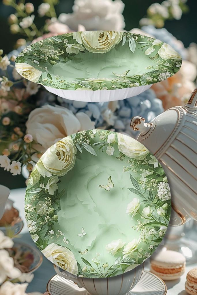 Round paper bowl with sage green floral heart and white rose garden pattern