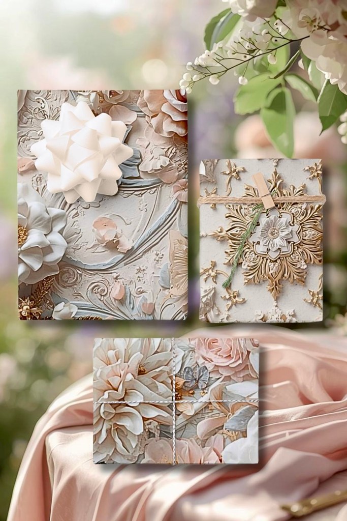 Wrapping paper with ivory roses and gold baroque floral accents
