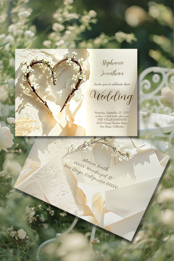 Sunlit branch heart wedding invitation with matching envelope on warm ivory paper in a soft garden setting.
