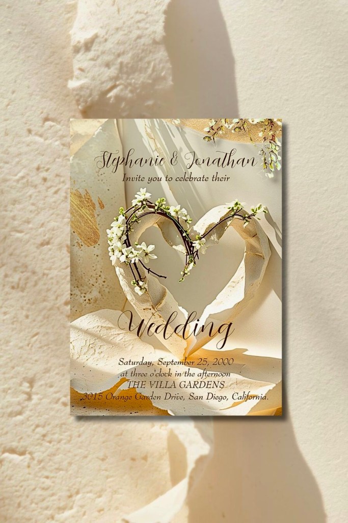 Sunlit branch heart wedding invitation on warm ivory textured paper with soft shadows and early morning light.