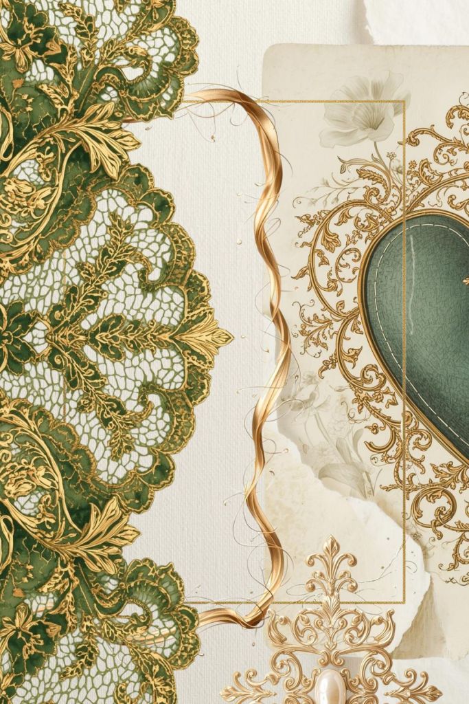 Green and gold baroque ornamental detail with lace textures, scrollwork, and layered paper elements