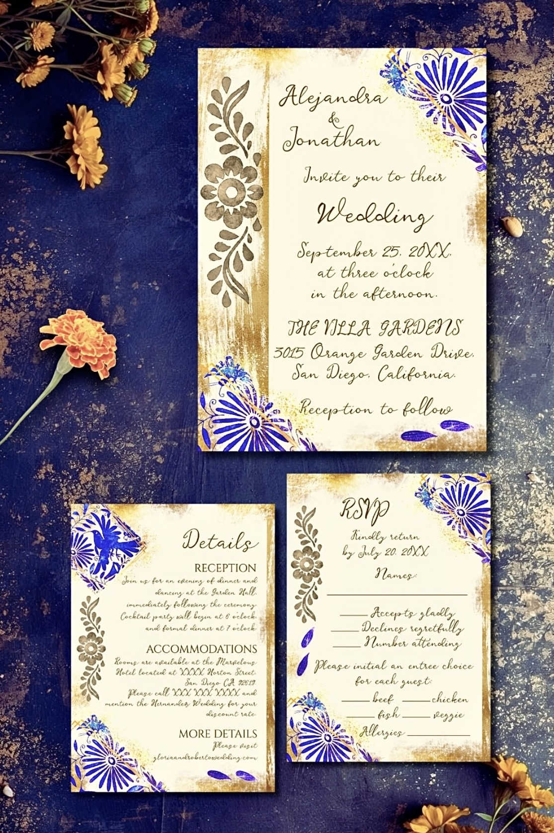 Blue and gold Talavera wedding invitation suite with floral folk art motifs, including invitation, RSVP, and details cards, styled on a textured indigo background with marigold accents
