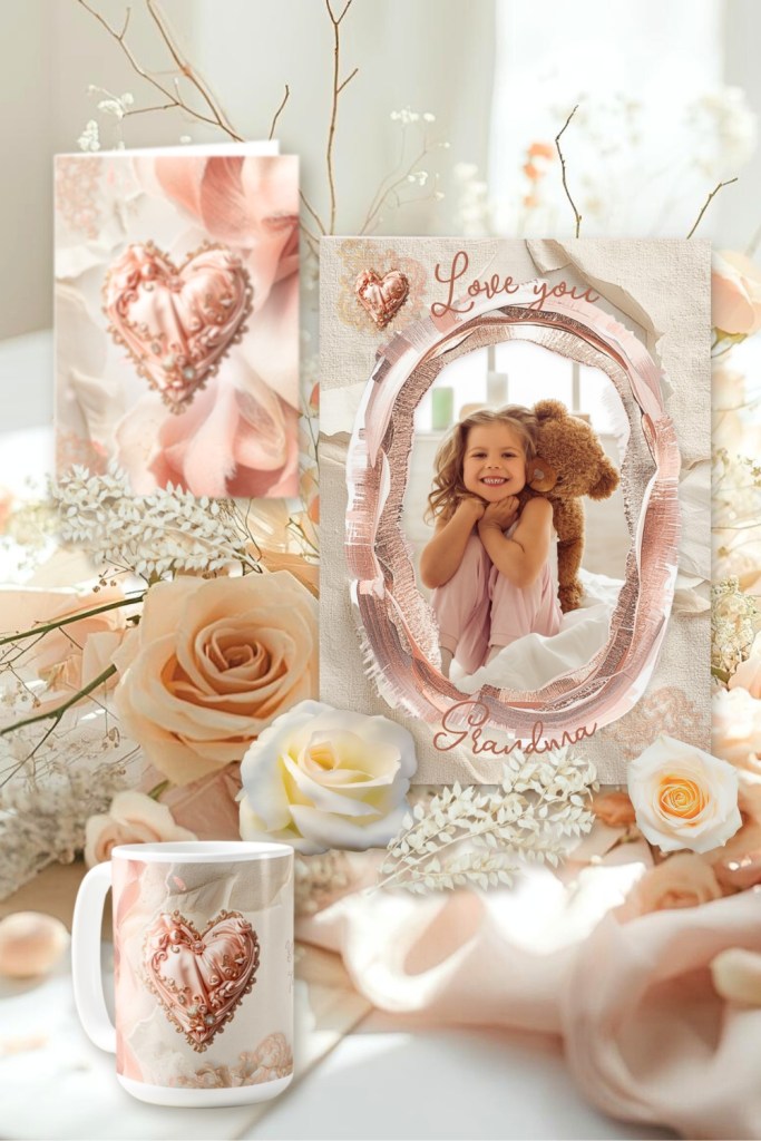 Blush heirloom heart photo frame with a child’s portrait, surrounded by roses, delicate florals, and a matching heart mug in soft natural light