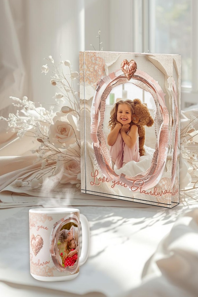Blush heirloom heart photo mug featuring a family portrait, styled with soft florals and natural light