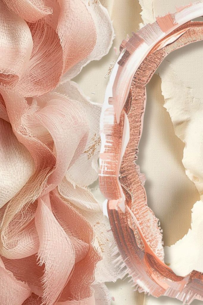 Close-up detail of a blush heirloom heart edge with layered paper texture and soft fabric folds in warm neutral tones