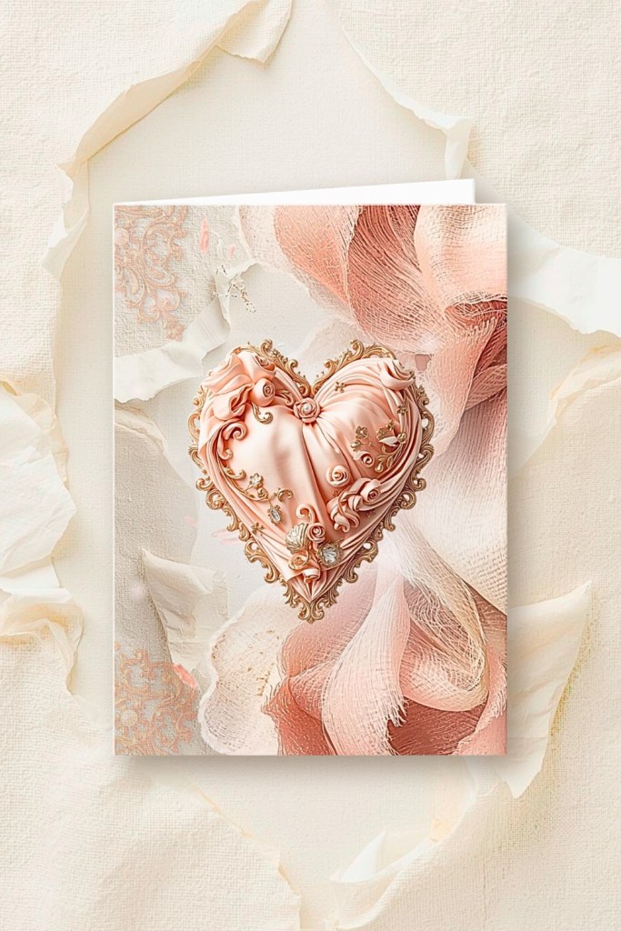 Blush ornate heart illustration with gold filigree details on layered paper textures, shown on a romantic heirloom-style greeting card