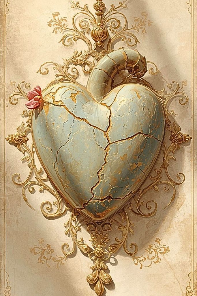 Cracked Milagros heart shape with pale blue patina and ornate gold scrollwork symbolizing resilience and healing