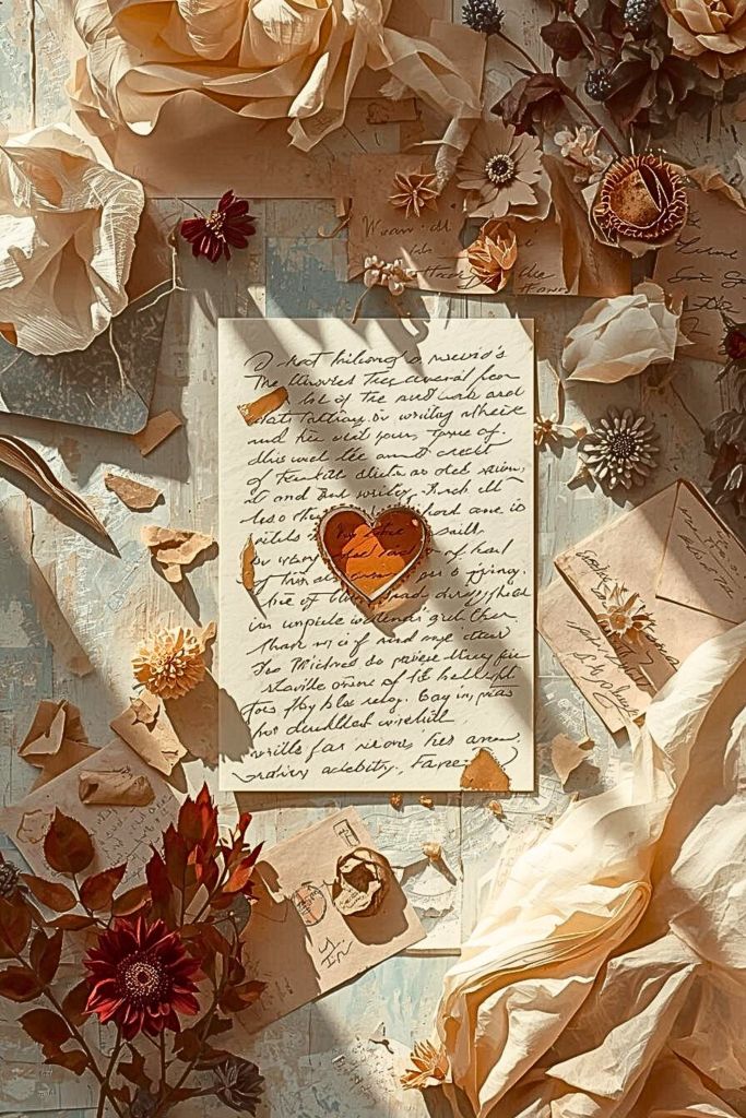 Handwritten love letter with heart seal surrounded by florals, layered paper, and soft fabric textures