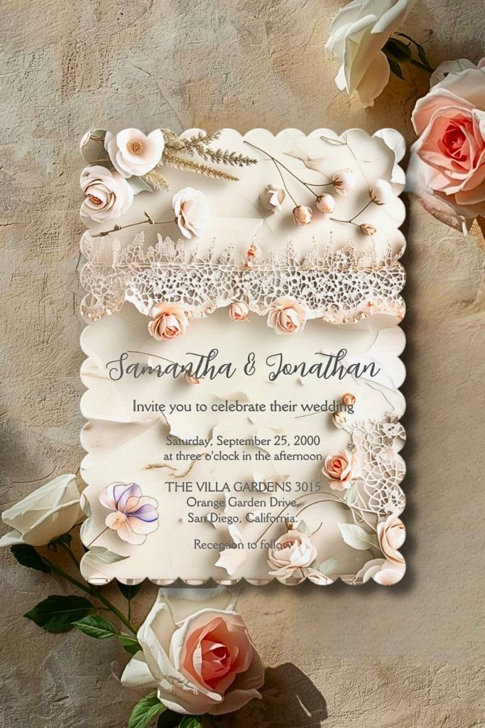 Ivory lace heart floral wedding invitation with scalloped edges, blush roses, and delicate botanical details styled on a textured neutral background