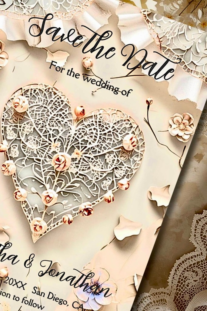 Close-up of ivory lace heart save the date card with delicate blush florals, torn paper textures, and soft romantic spring styling