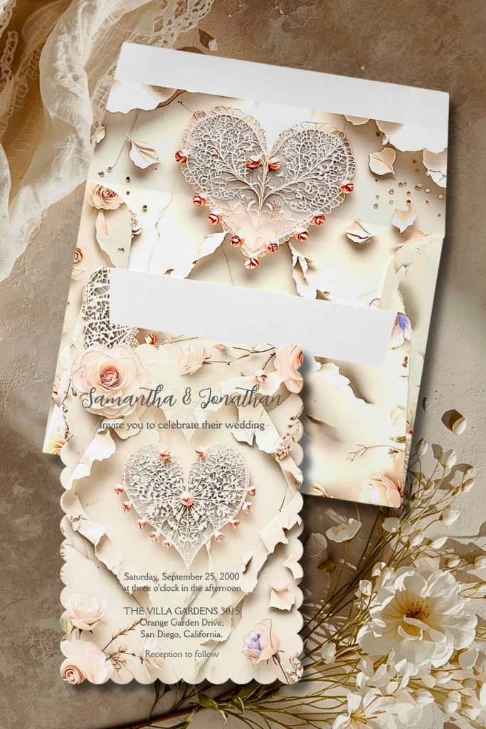 Ivory lace heart wedding invitation with matching envelope, layered torn textures, blush florals, and soft romantic spring styling