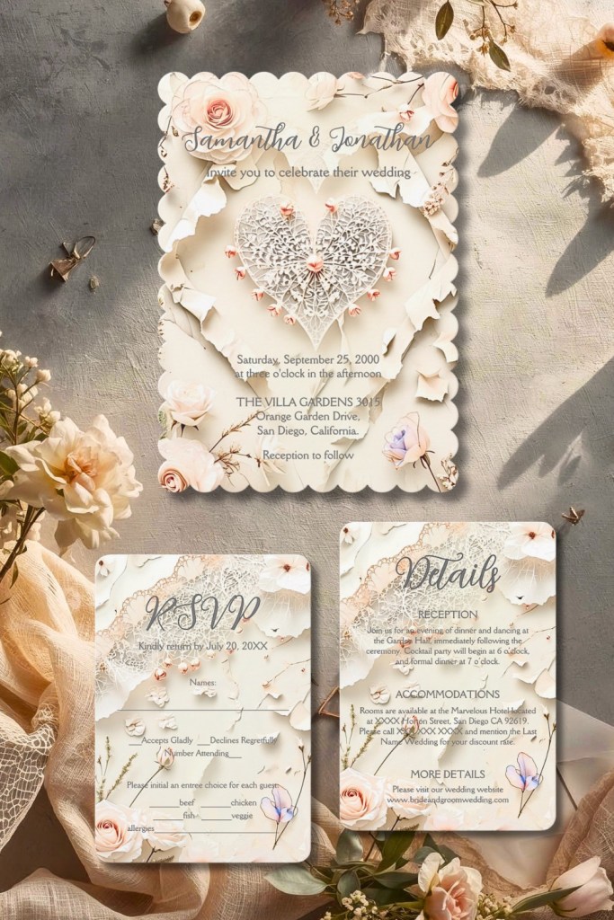 Ivory lace heart wedding invitation set with RSVP and details cards, styled with blush florals and vintage textures in soft spring light