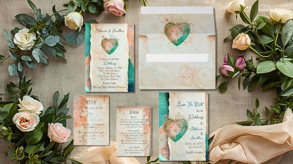 Editorial still life of a wedding stationery suite with hand-painted heart motifs, soft florals, and textured paper arranged on natural linen, evoking ritual, meaning, and celebration.