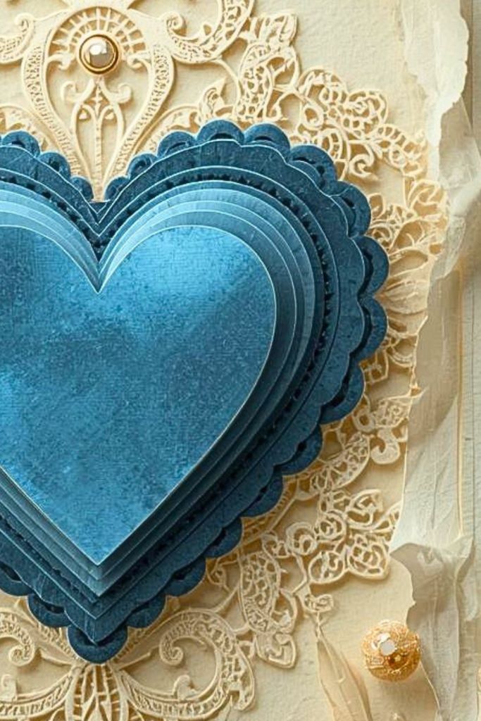 Layered blue heart paper shapes with ornate lace-like detailing and textured ivory background, highlighting craftsmanship, depth, and symbolic heart motifs.