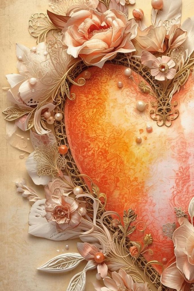 Warm-toned Milagros heart surrounded by soft florals, pearls, and ornamental details on a parchment background