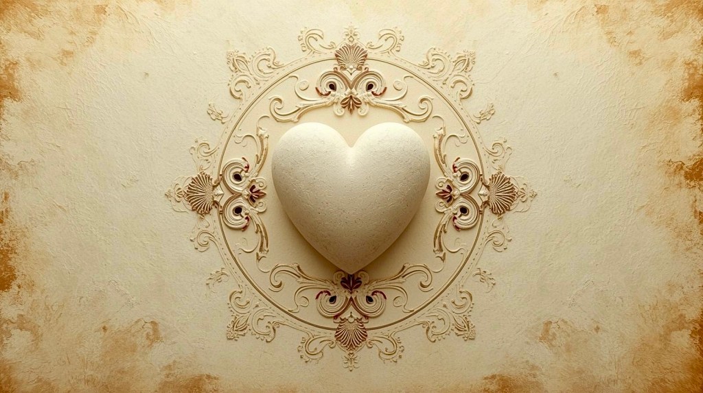 Milagros heart devotional symbol centered on aged parchment background with subtle rococo ornamentation