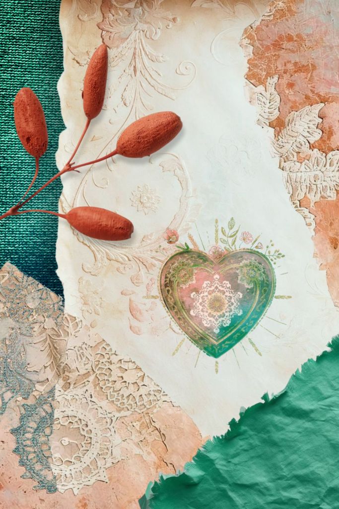Textured collage with layered paper, fabric, and a subtle Milagros heart motif in green and pink tones