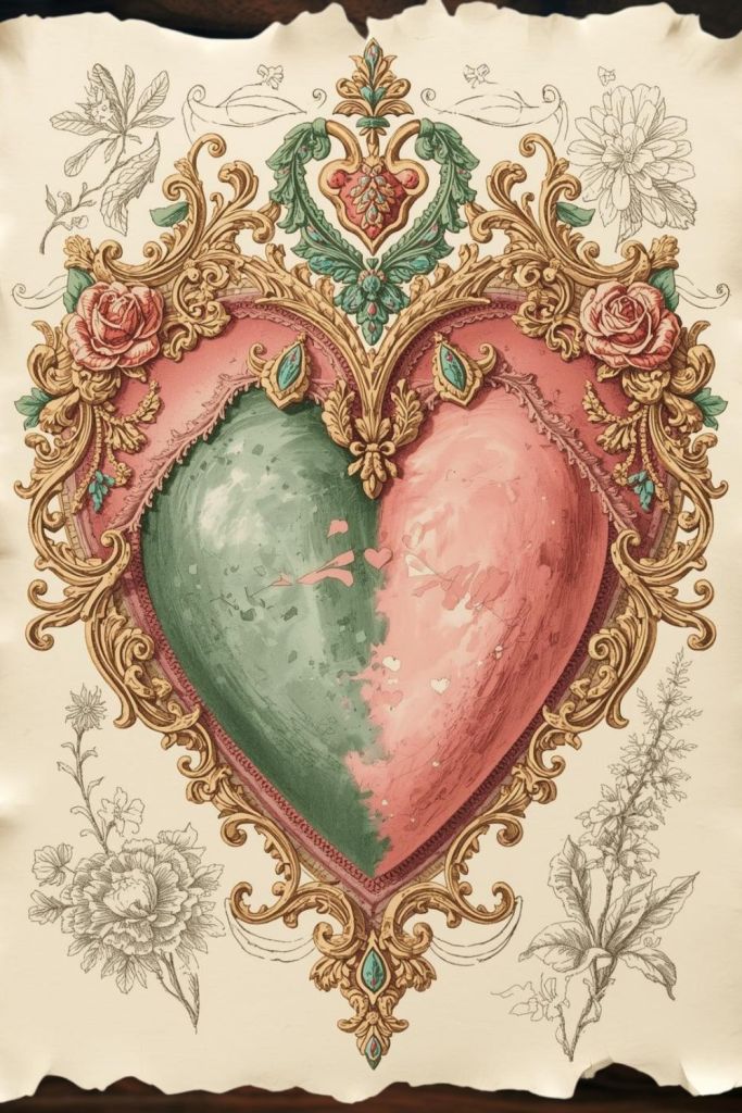 Symmetrical Milagros heart illustration inspired by Mexican devotional folk art, with baroque floral ornamentation on parchment background