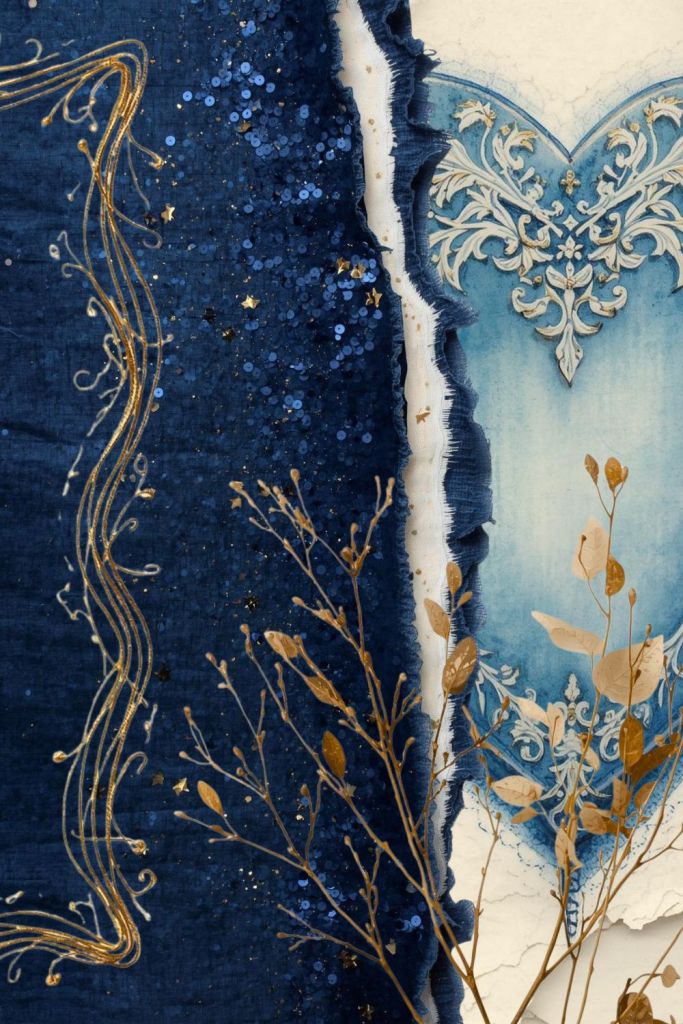 Blue and cream layered textures with gold detailing, fabric edges, and botanical elements beside a Milagros heart motif