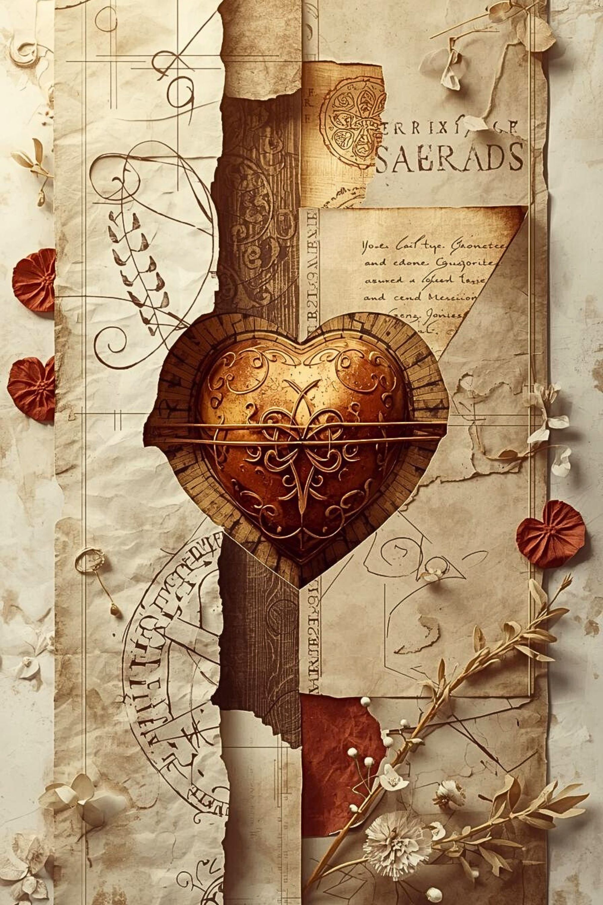 Antique milagros heart symbol layered over aged parchment and devotional manuscripts, representing the historical roots of the Milagros Heart.