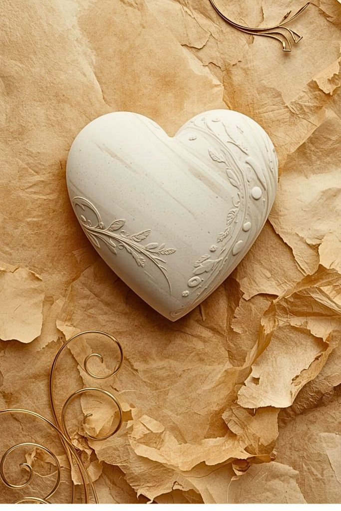Minimal Milagros heart with subtle carved details on aged parchment background