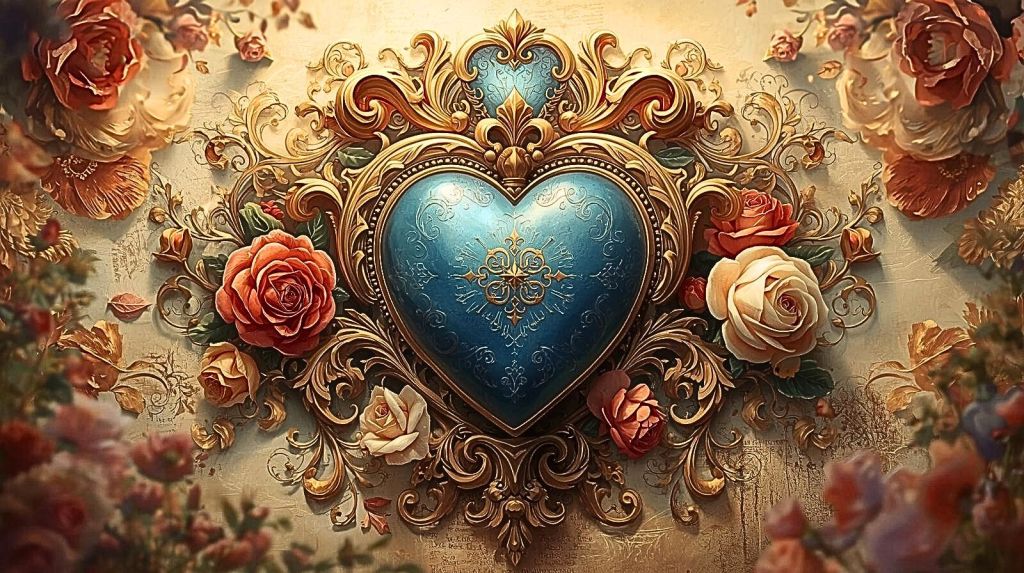 Ornate Milagros heart shape with blue enamel center, gold scrollwork, and floral details inspired by Mexican folk art
