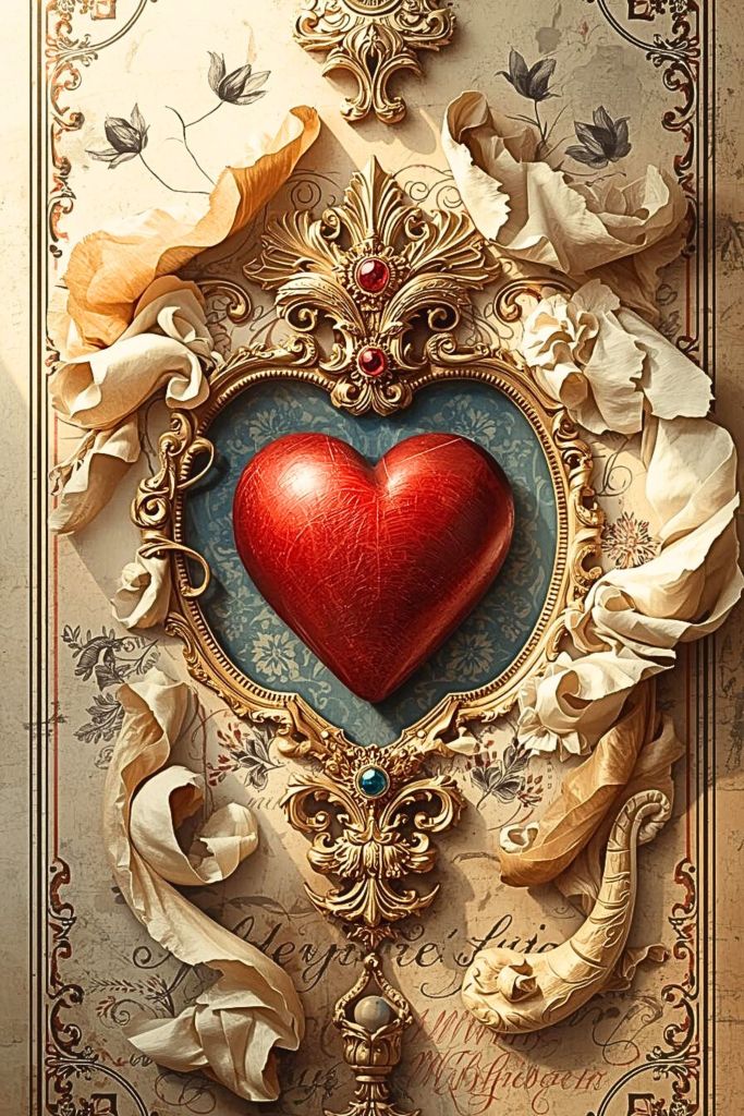 Ornate red Milagros heart framed in gold with vintage florals and handwritten paper background