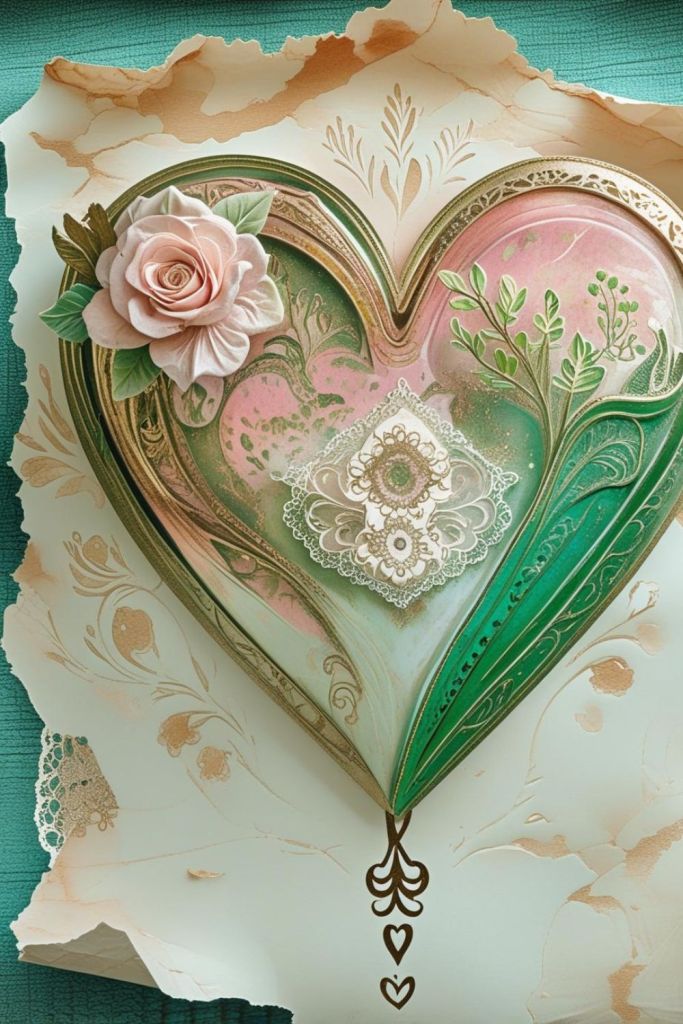 Milagros heart illustration in green and soft pink tones with floral details on a parchment background