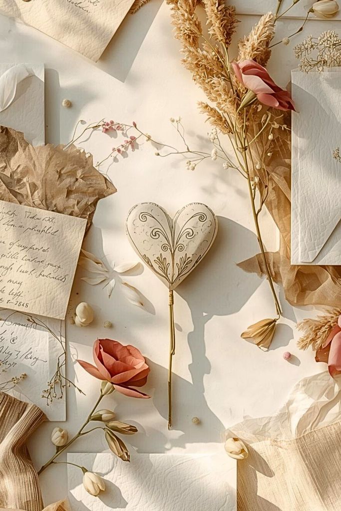 Milagros heart pin resting on vintage paper with dried florals and handwritten notes