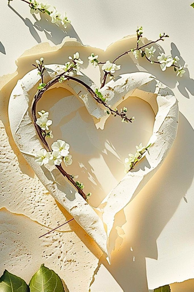 Sunlit garden heart made of flowering branches on warm ivory paper with torn edges, casting soft morning shadows in an heirloom wedding stationery style.